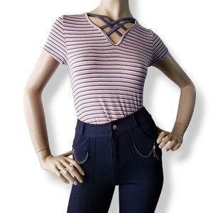 Glitz Striped Retro Inspired Criss Cross Neck Top